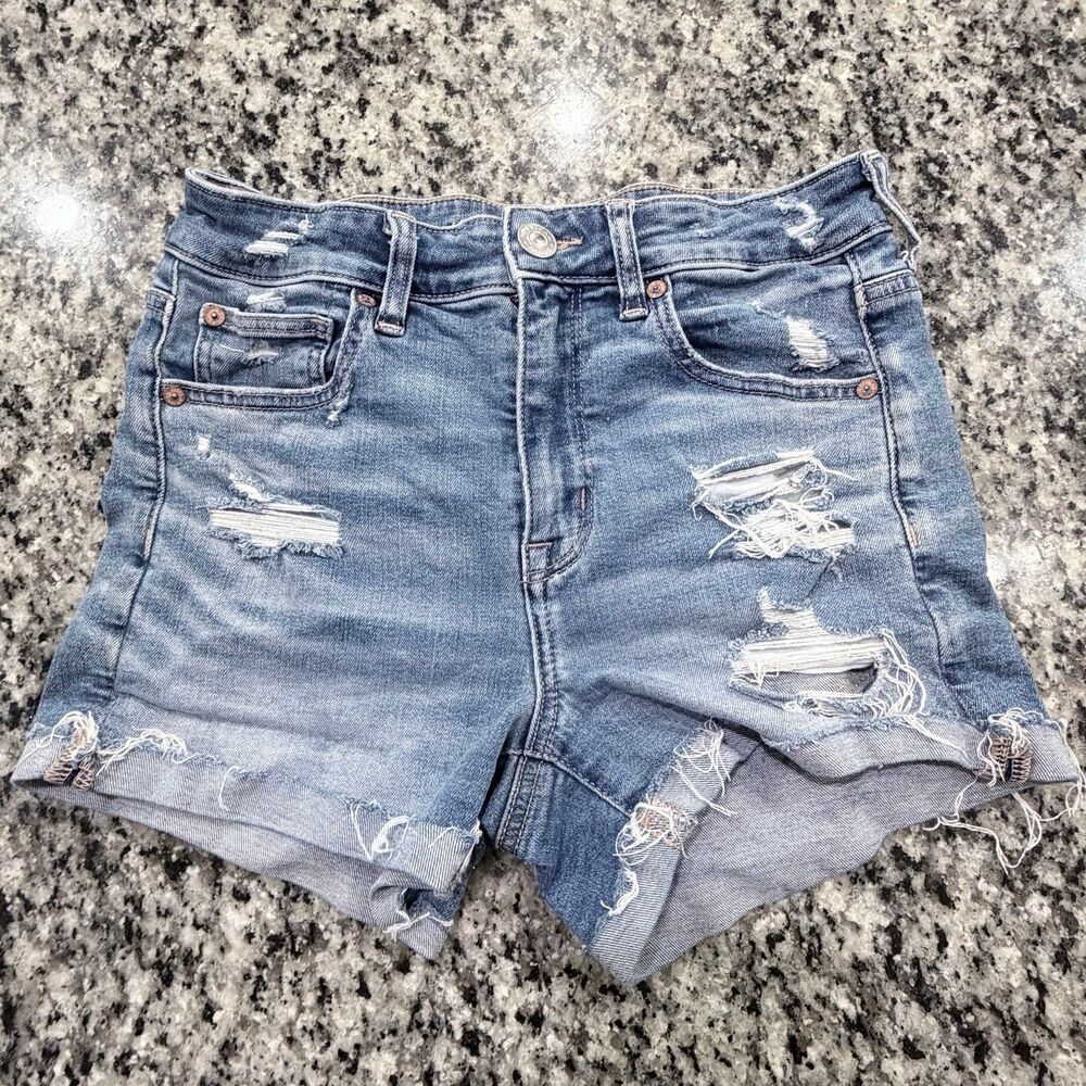 American Eagle Denim Shorts Hi-Rise Shortie Medium Wash Stretch Ripped Women's 6